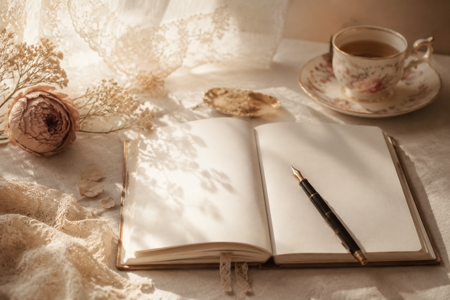 An open notebook, dried flowers and a fountain pen on a linen surface