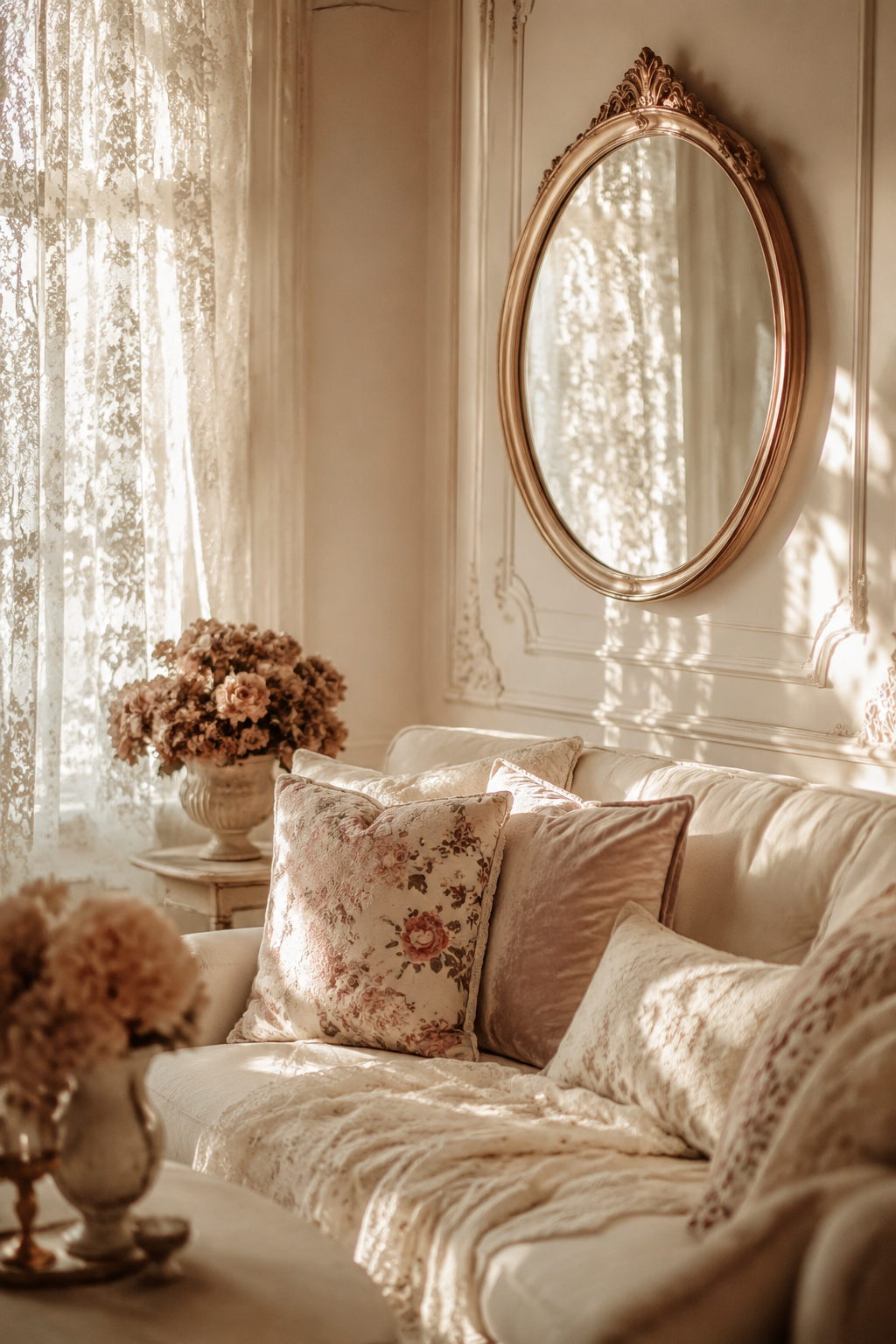 A French living room layered with lace curtains, floral pillows and a rose-gold mirror