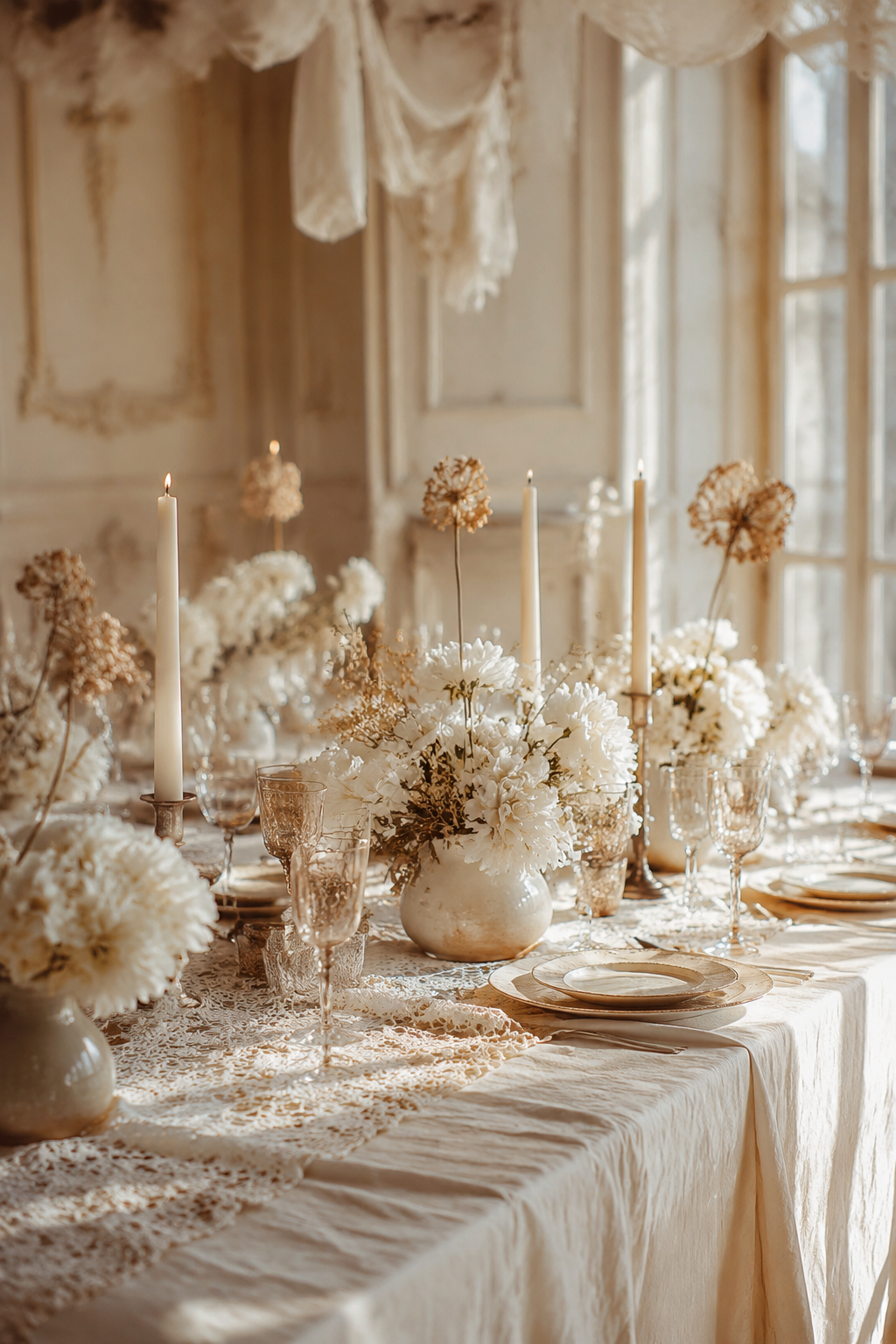 A wedding table styled with lace runners, candles and ceramic vases